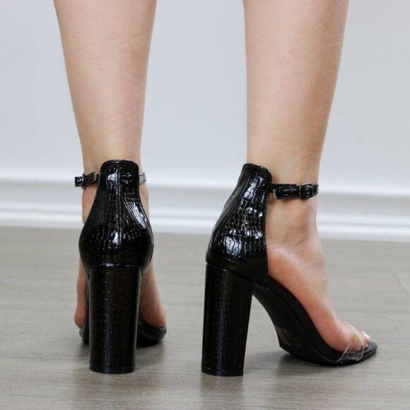 Black High Heels Sandal With Clear Strap Open Toe Croc Patent Print - Picture 6 of 8